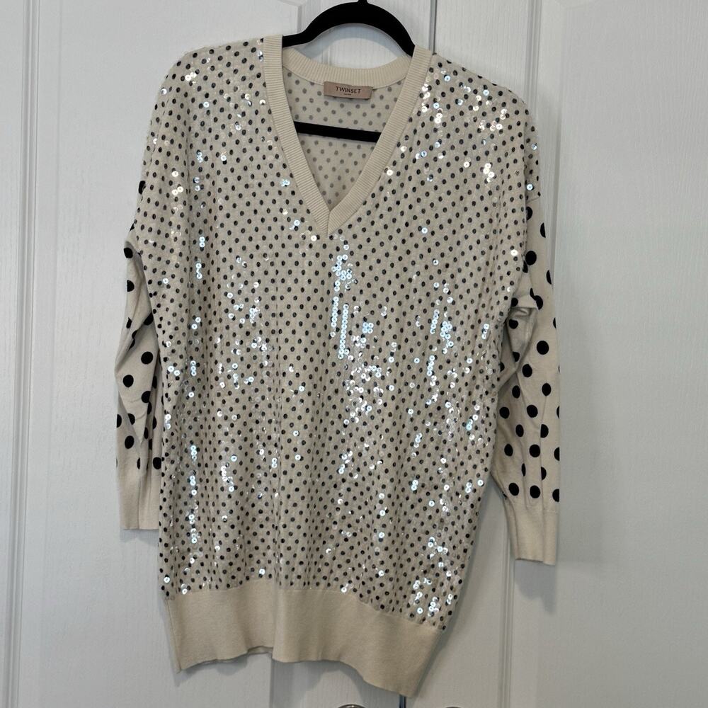 Milano Twinset Embellished Knit Polka Dot Sweater Sz Small 3/4 Sleeve Black